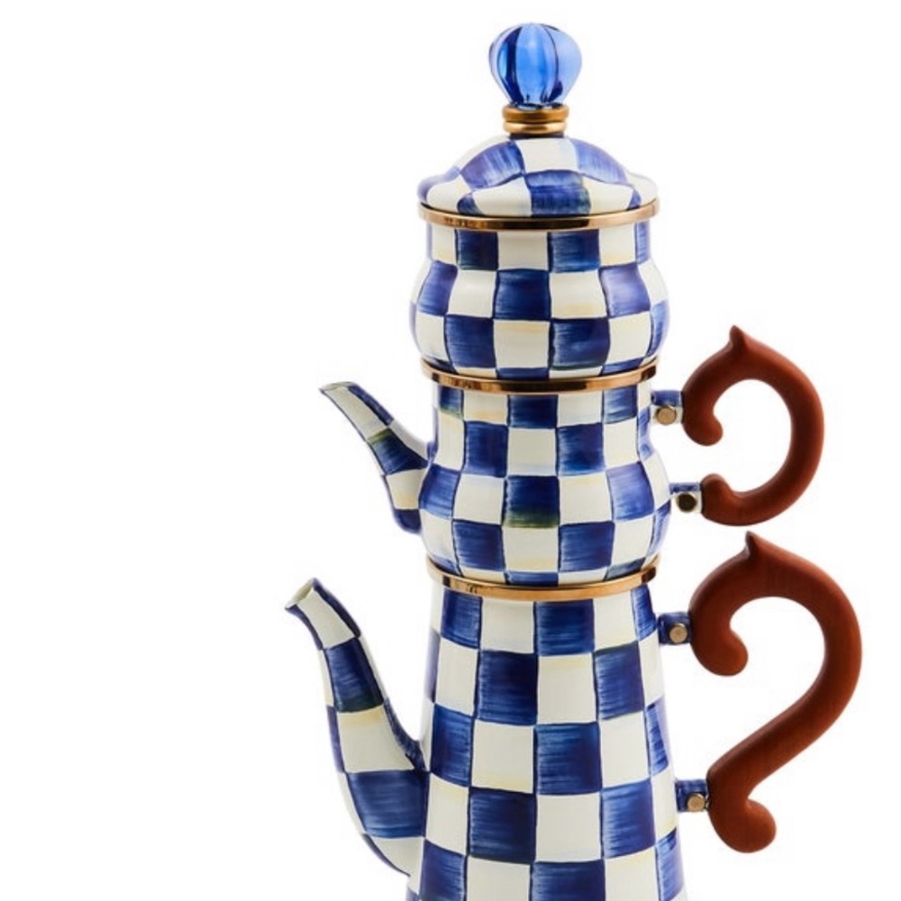 MacKenzie-Childs Royal Blue Checkered Teapot with Gold Trim